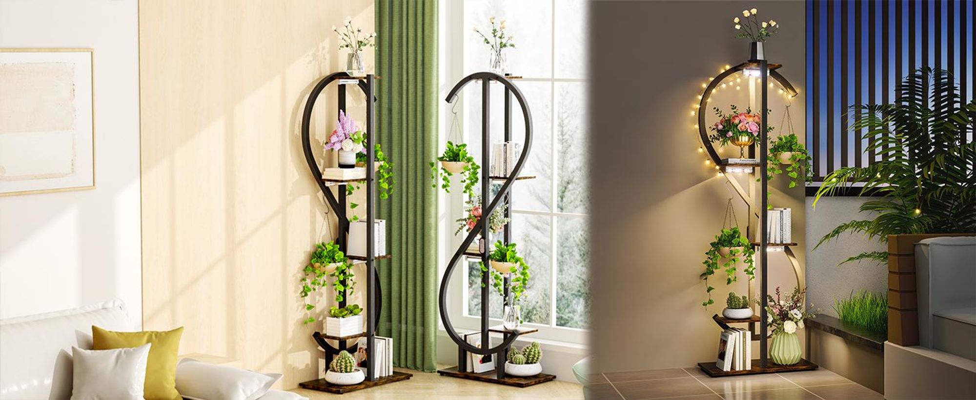 WISFOR Metall Blumenregal Pflanzenregal mit Wachstumslicht, S-Form Blumenständer Pflanzenständer, Mehrstöckig, für Zimmerecke, Wohnzimmer, Balkon