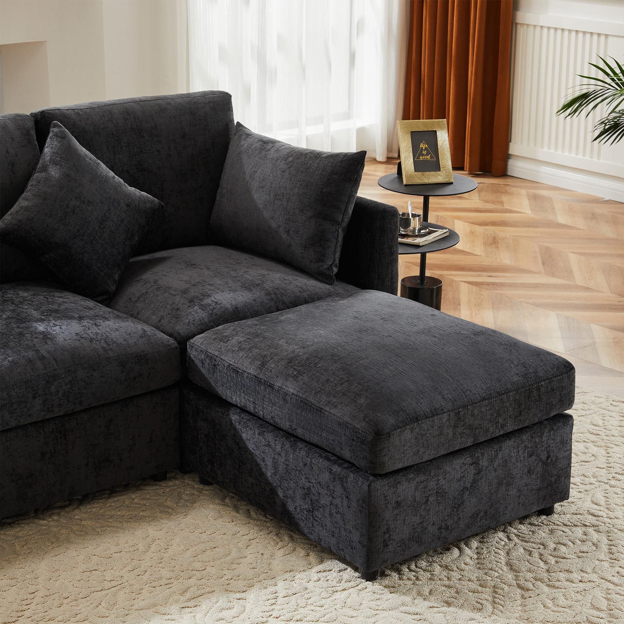 Merax Ecksofa, L-Form Sofa mit Schlaffunktion, 3-4 Sitzer Couch Soffa mit 4 Kissen, Wohnzimmersofa, Couchgarnitur, Chenille Stoff, Grau