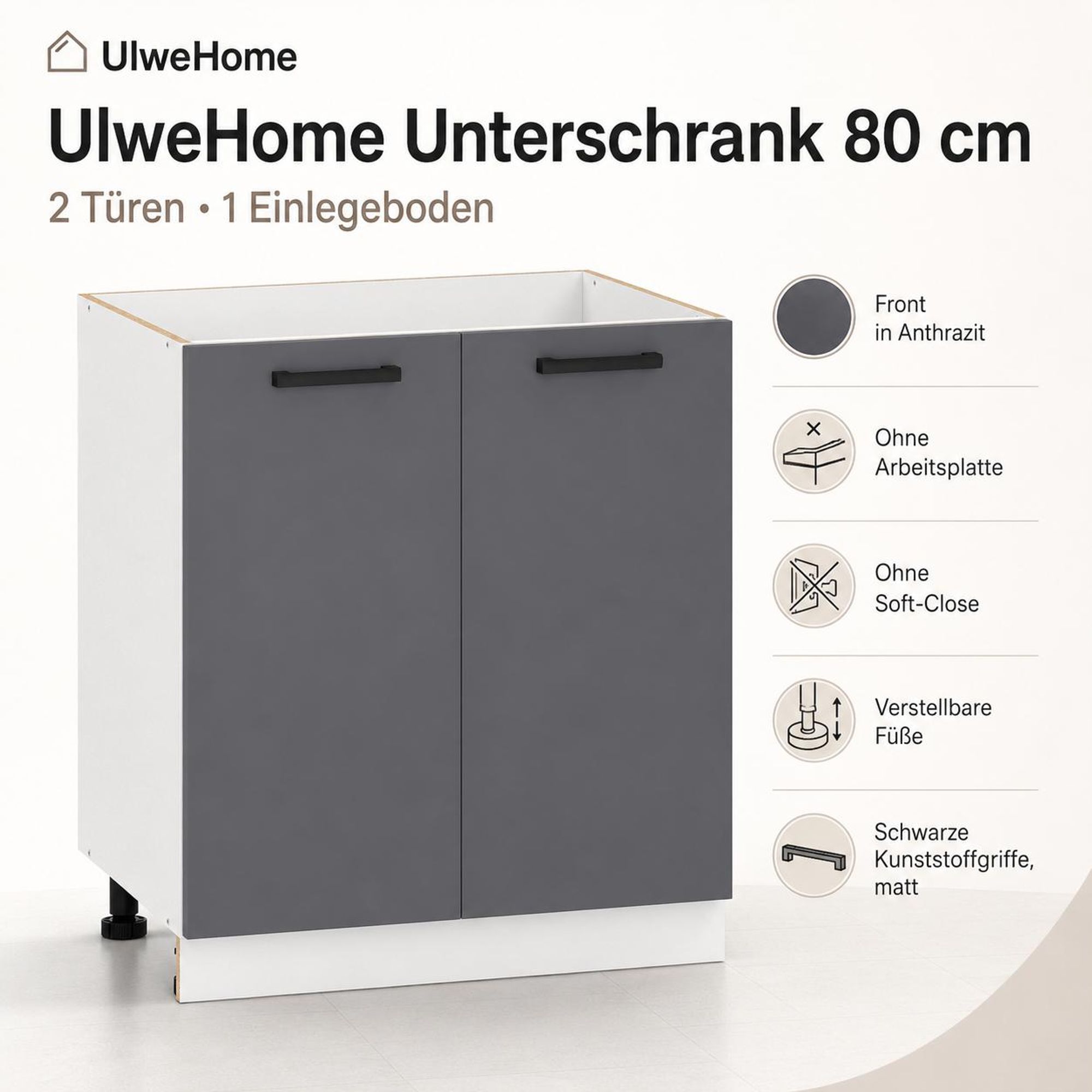 UlweHome Küchenunterschrank 80 cm Anthrazit: 2 Drehtüren & schwarze Mattgriffe.