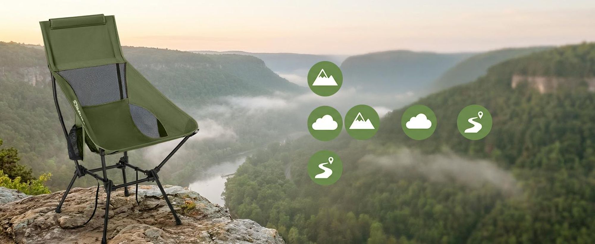 SONGMICS Campingstuhl klappbar mit verstellbarer Höhe, Stahlrahmen, Kopfstütze, hoher Rückenlehne, 2 Taschen, Outdoor, grün
