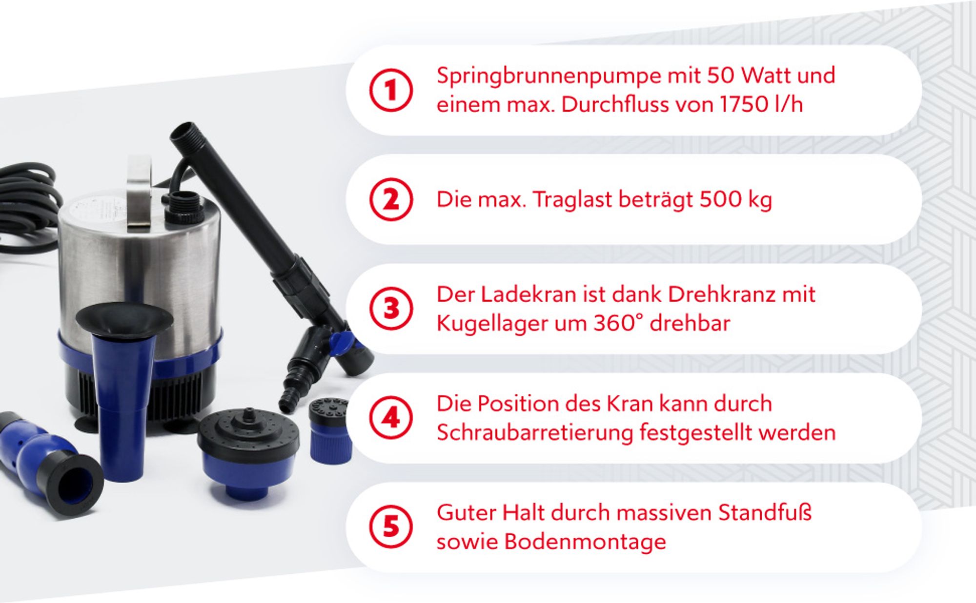 Wiltec Edelstahl Springbrunnenpumpe 50 W 1750 l/h, max. Fontänenhöhe 1,6 m, Teichpumpe inkl. 3 Aufsätze für verschiedene Fontänen, Aquariumpumpe