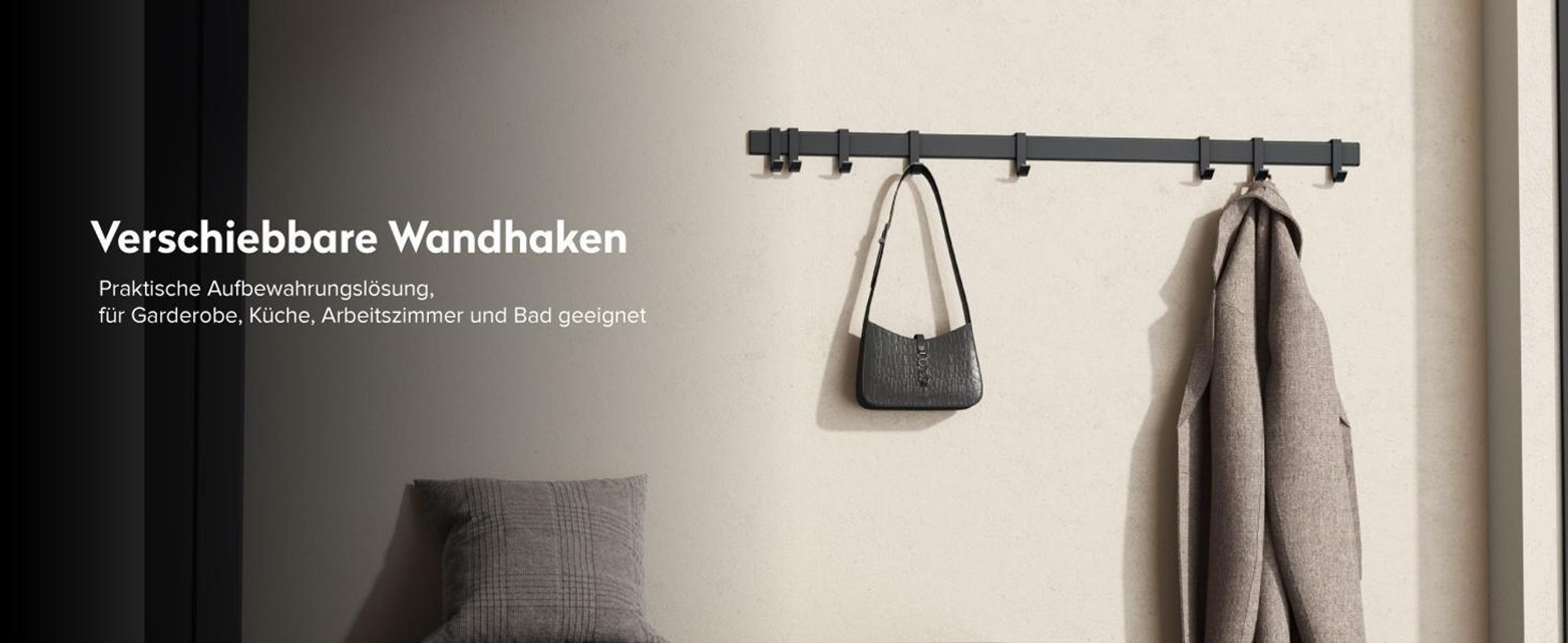 doporro Garderobenhaken Aluminium, 6 Verschiebbare Wandhaken, selbstklebend & stabil, Kleiderhaken Wand für Jacken und Handtücher Matt Schwarz Stalo-12