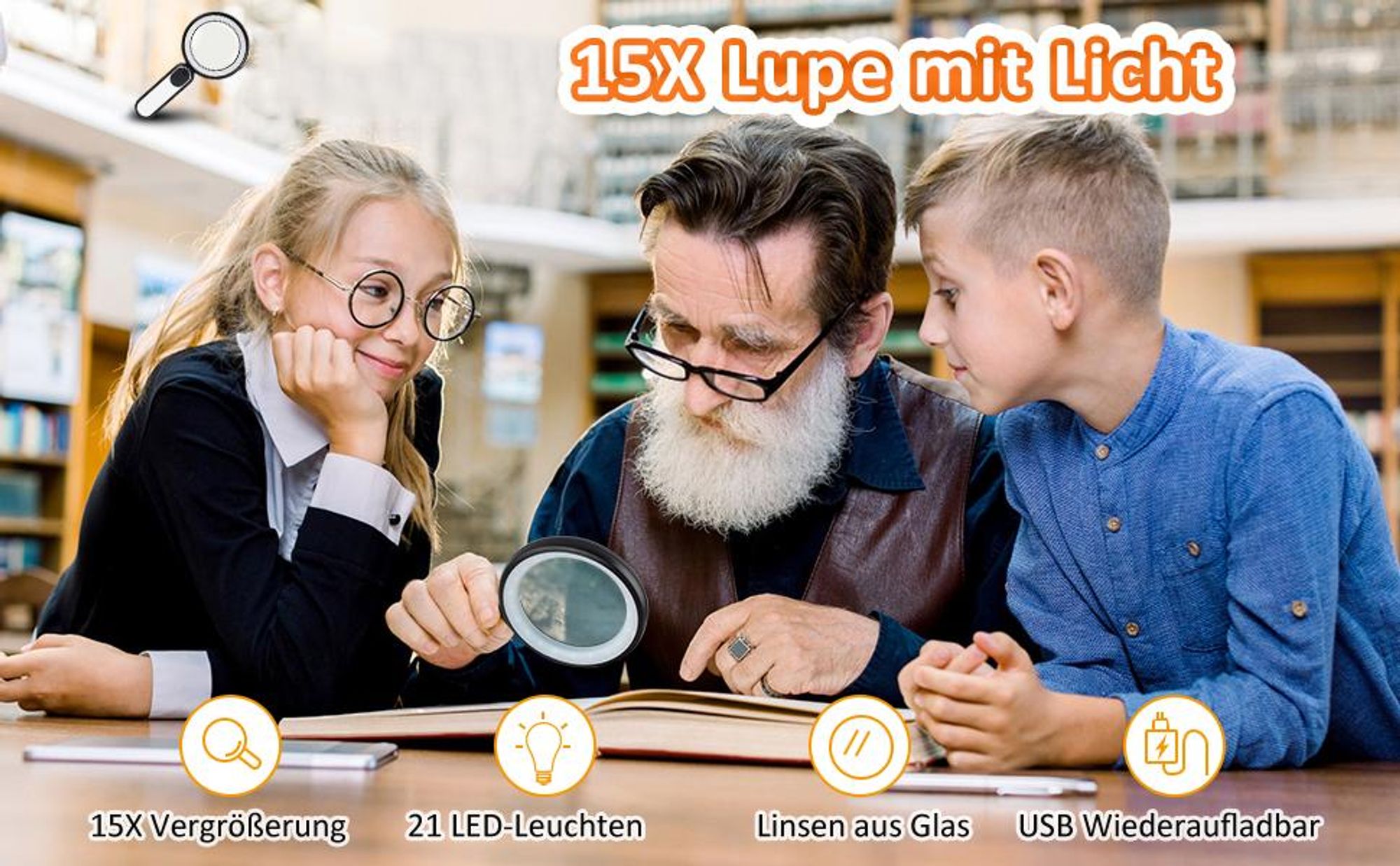 Lupe mit Licht, LED Lupe, Leselupe, Juwelierlupe, 15-fache Vergrößerung Handlupe, für Arbeiten in der Nähe, Lesen, Schmuck, Erkunden Linsentuch