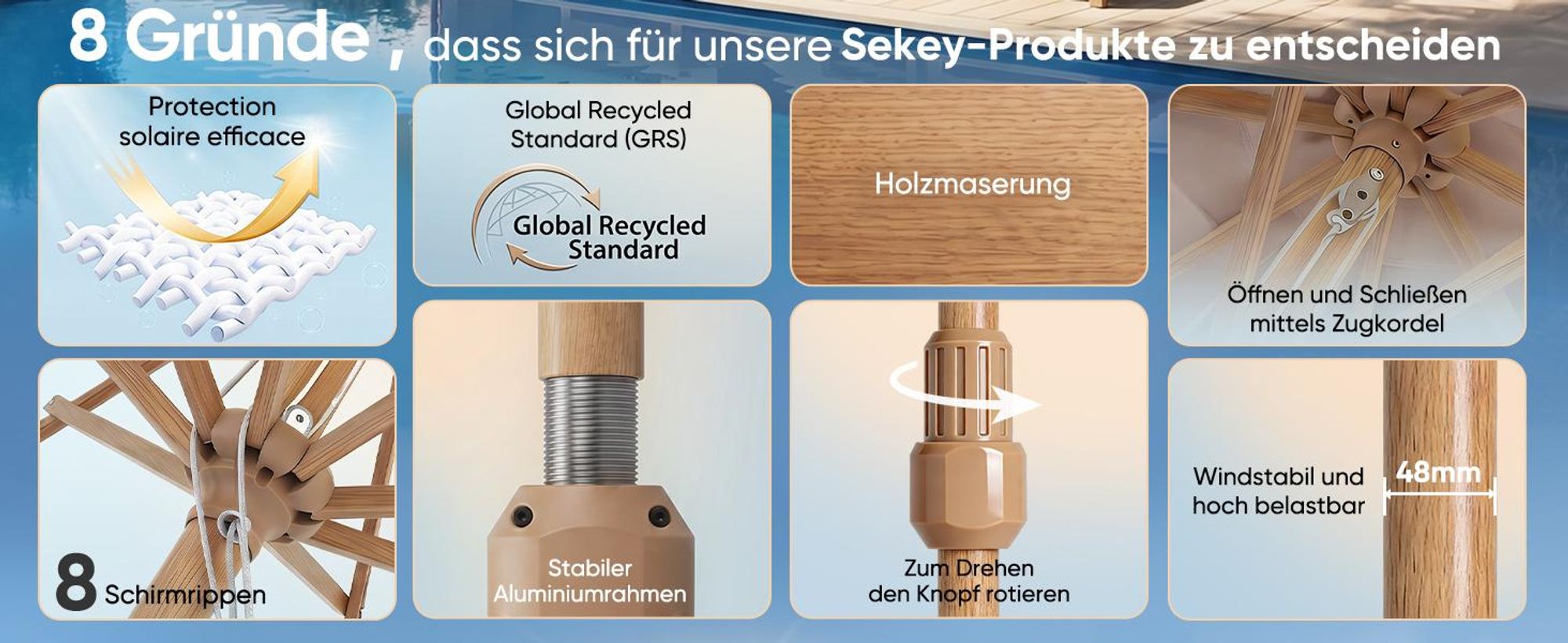 Sekey Sonnenschirm Ø300cm Holzoptik Gartenschirm Marktschirm für Garten Terrasse Hof, UPF50+