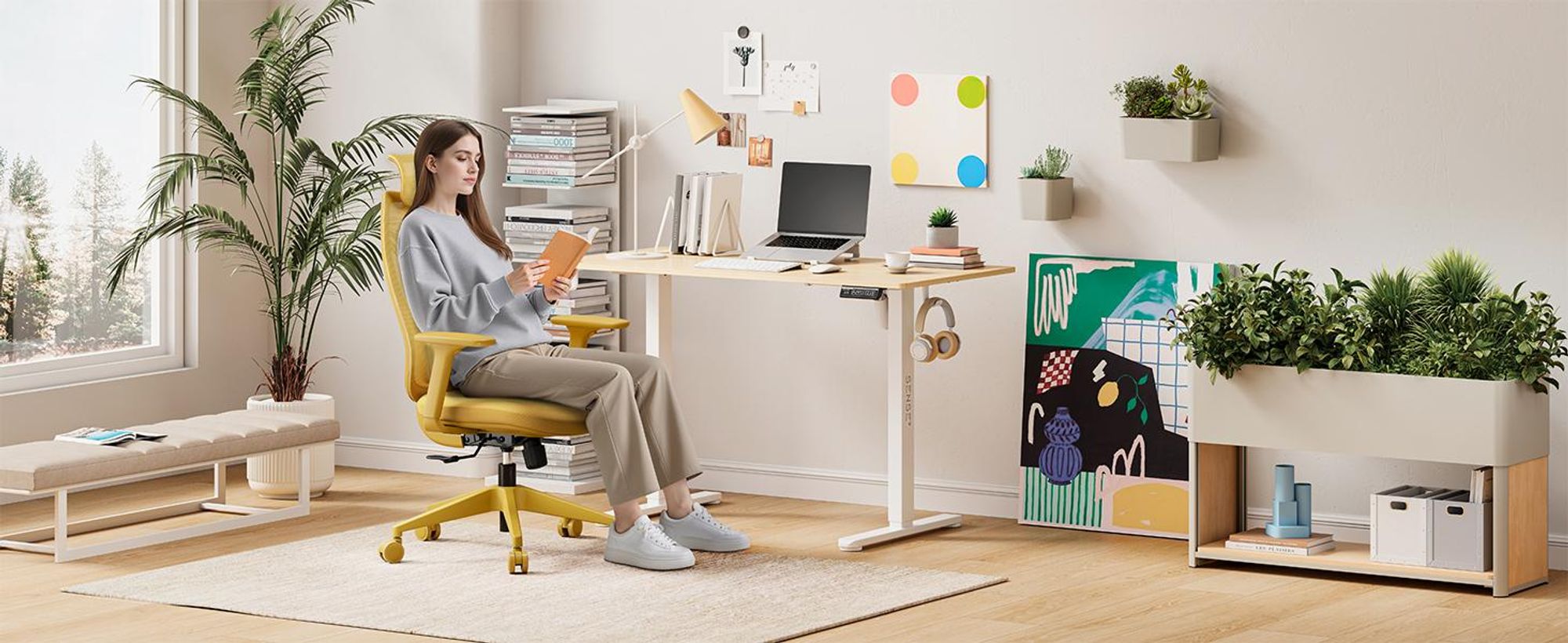 SENSE7 Moyo Ergonomischer Bürostuhl Schreibtischstuhl Gelb 3D-Armlehnen Netzrücken Lendenwirbelstütze Chefsessel Homeoffice PC Stuhl 150 kg