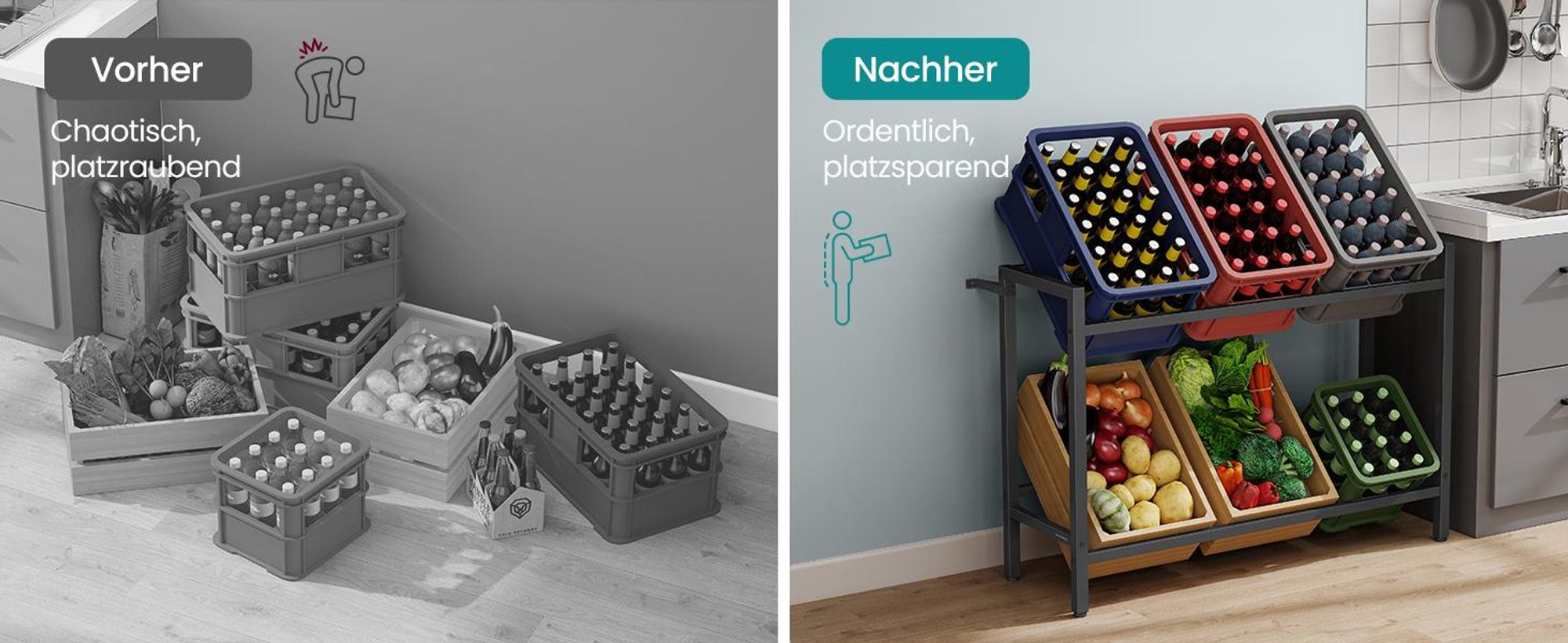 SONGMICS Getränkekistenregal, 2 Ebenen, für 6 Kisten, Aufbewahrungsregal, jede Ebene bis 150 kg belastbar, Stahl, Getränkeregal