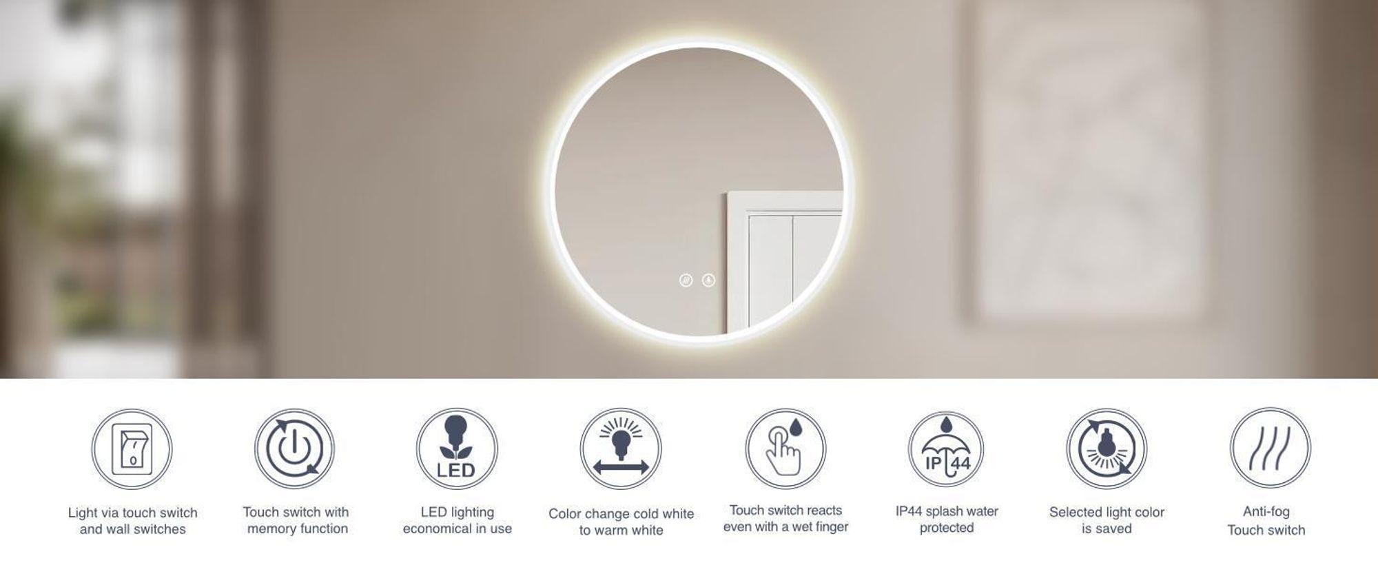 HOKOBadspiegel Anti-fog rund 80cm mitRahmen+TouchSchalter+LichtWaltern Warmweiß-Kaltweiß-Neutral Licht mit TouchSchalter und Wandschalter einschaltenbar