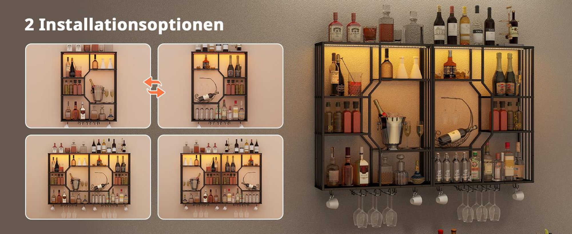 Puluomis Weinregal LED Wandregal 100cm mit RGB-Beleuchtung, App-Steuerung, Beleuchtetes Regal, Sicherheitsglas, 2 Tassenhalter, Weinglashalter schwarz