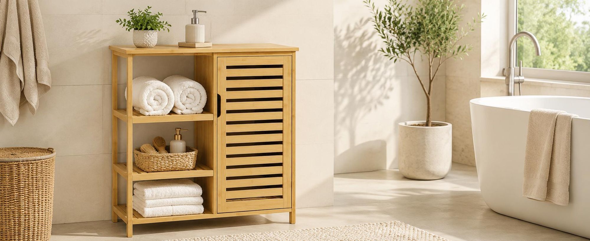 BEGRYF Bambus Badschrank 87,5x66x33 cm, Hochschrank mit Tür und 3 Ablagen, Badezimmerschrank natur