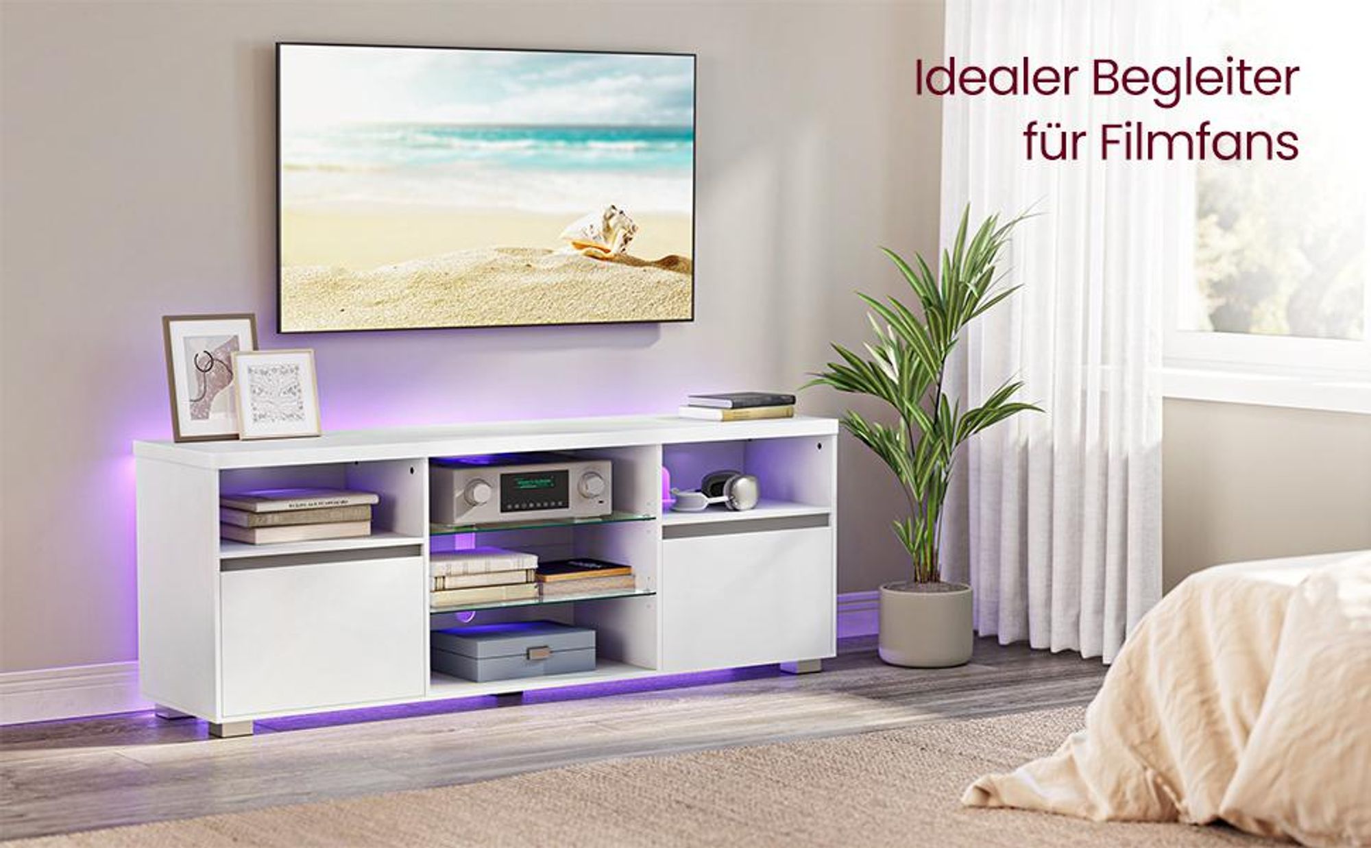 VASAGLE TV-Schrank mit LED-Beleuchtung, Fernsehtisch, TV-ständer für Fernseher bis zu 70 Zoll, mit offenen Ablagen, 2 Schränke mit Türen, 160 cm, für Wohnzimmer, weiß VTL331T10