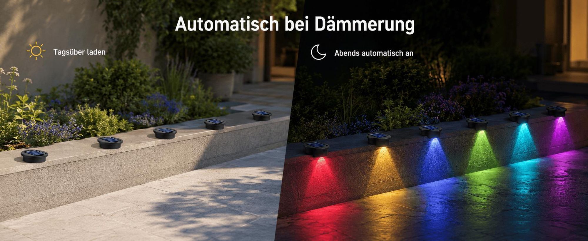 4er Set Solarleuchten Garten, wasserdicht IP65, 6 Farben LED, 10H Leuchtdauer, automatische Einschaltung bei Dunkelheit (Lichtsensor)