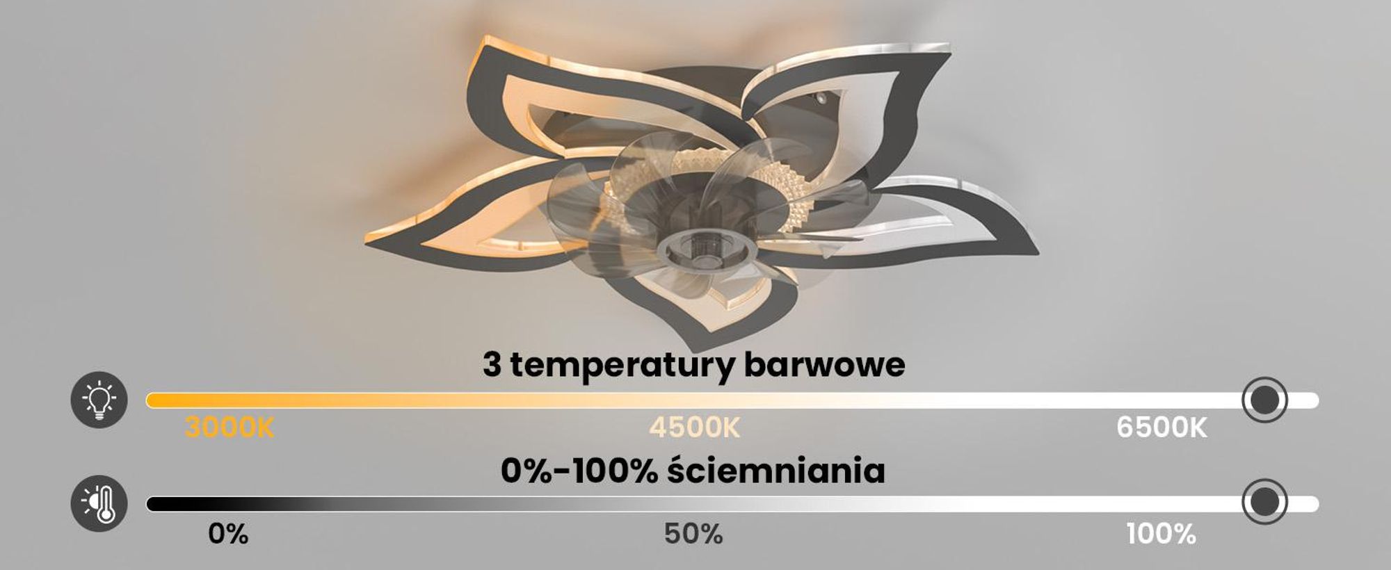 Wentylator sufitowy Heilmetz z oświetleniem, średnica 69 cm, z regulacją jasności, 6 prędkości, wzór kwiatowy, cichy wentylator LED z pilotem, kolor czarny