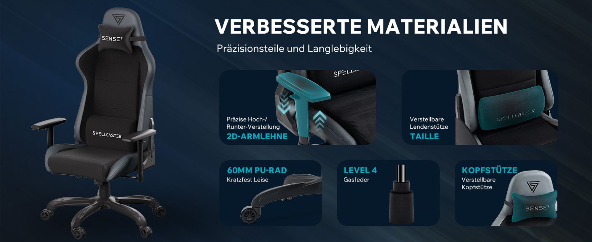 SENSE7 Spellcaster FUKU Gaming Stuhl Alcantara Schwarz - Ergonomischer Bürostuhl PC Schreibtischstuhl Zockerstuhl 150kg Kaltschaum Chefsessel