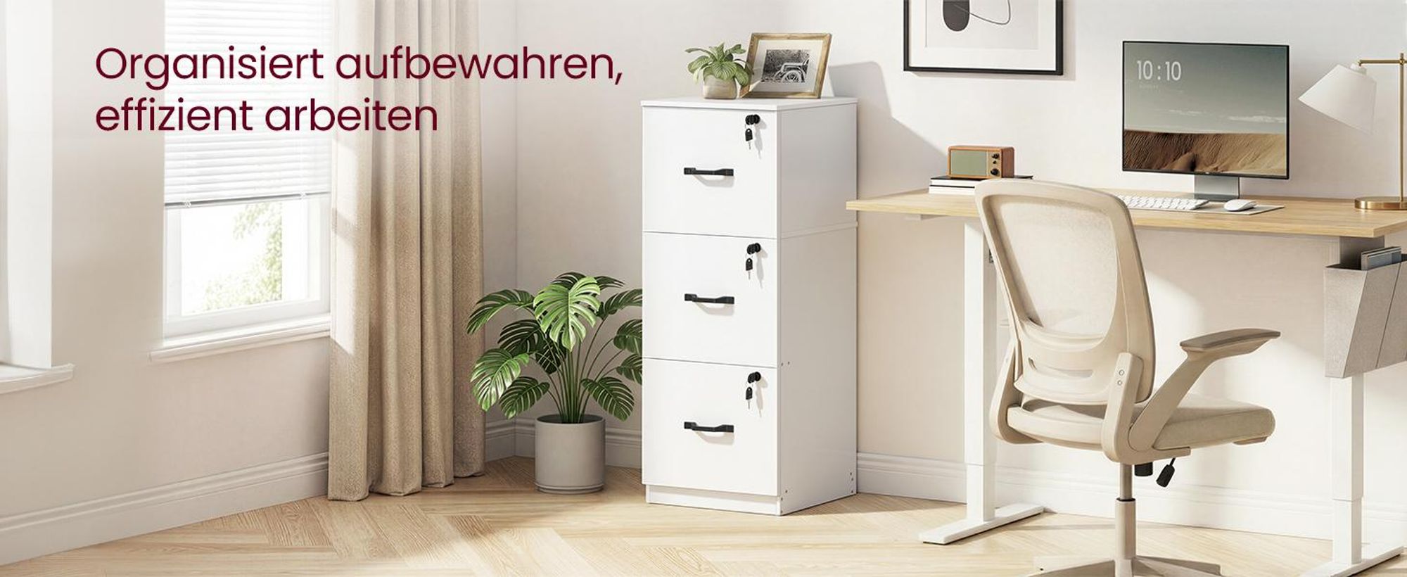 VASAGLE Aktenschrank Büroschrank, Druckerständer, mit 3 Schlösser, verstellbare Hängestange