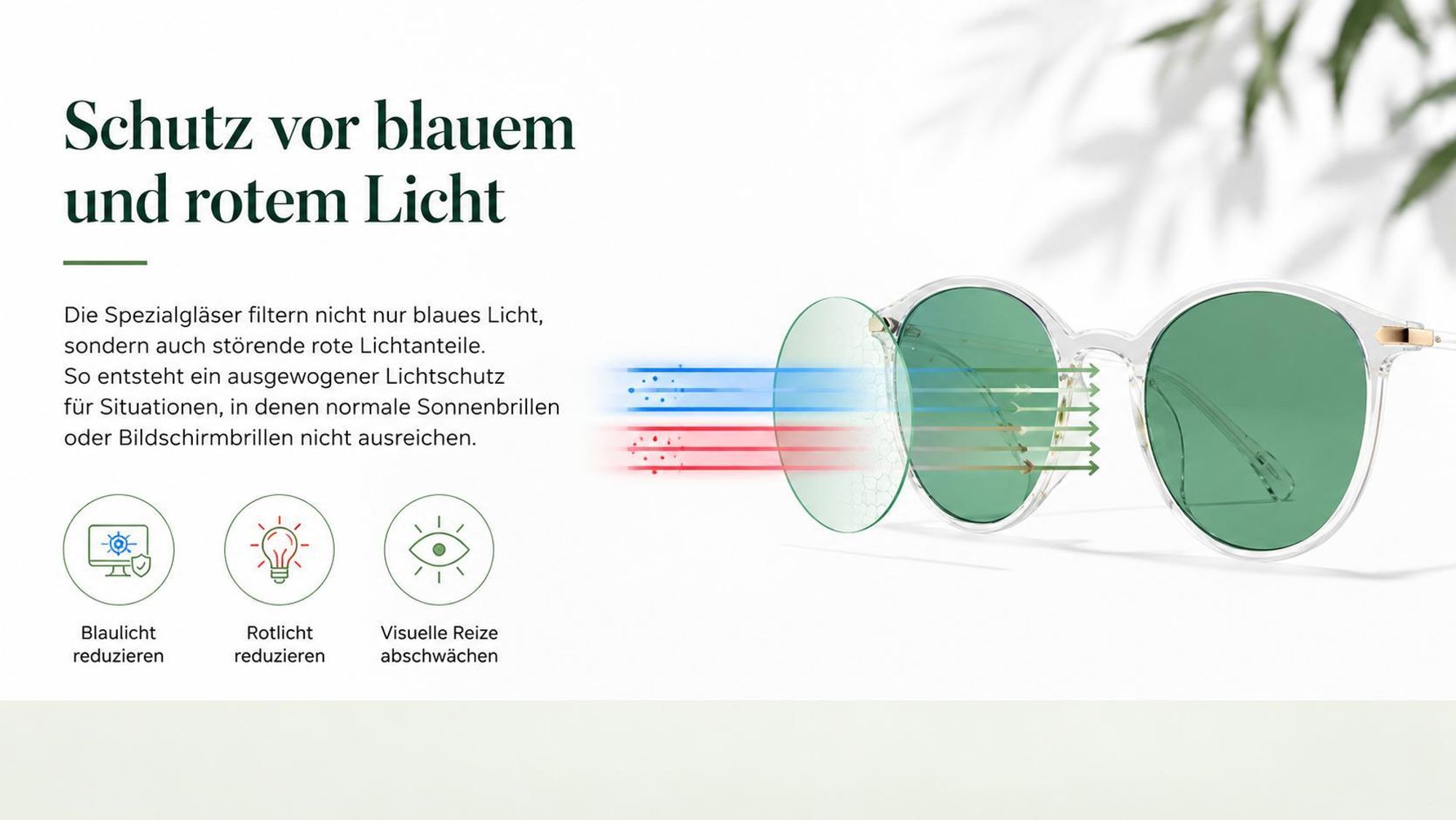 Transparente Brille mit grünen Gläsern für lichtempfindliche Personen.