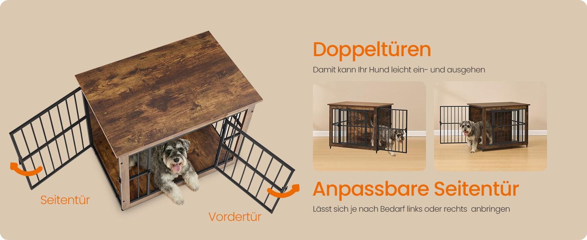 FEANDREA Hundehütte Indoor, stabiler Hundekäfig, Hundebox mit 2 Türen, 82 x 55 x 64 cm, Braun