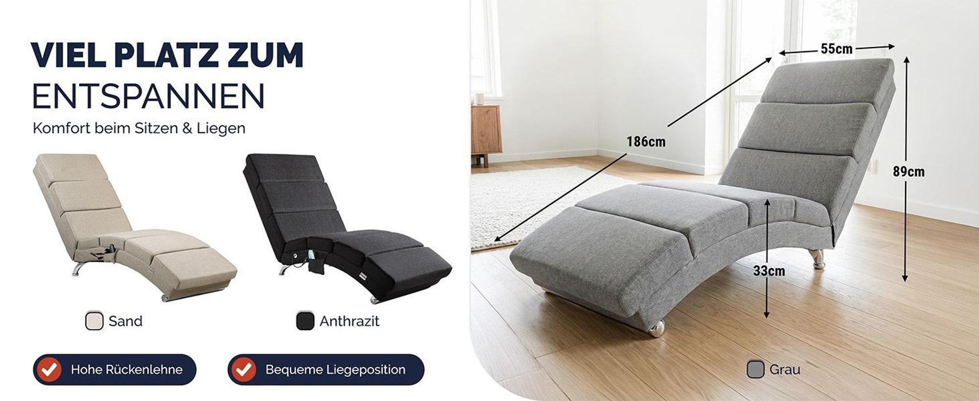CASARIA® Relaxliege XXL Massage Heizfunktion 186x89x55cm Ergonomisch Stoff Gepolstert 180kg Belastbarkeit Wohnzimmer Innen Chaiselongue Relaxsessel Grau