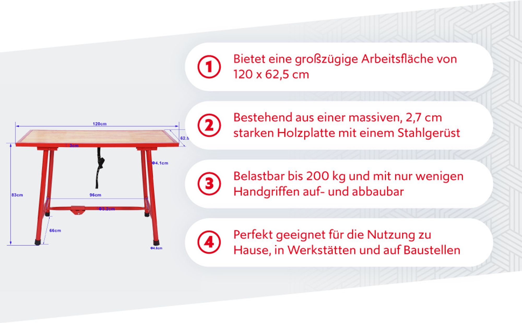 Wiltec Werkbank 120 x 62,5 x 83 cm klappbar, Werktisch faltbar, klappbarer Arbeitstisch bis 300 kg belastbar, Werkstatteinrichtung aus Stahl und Holz