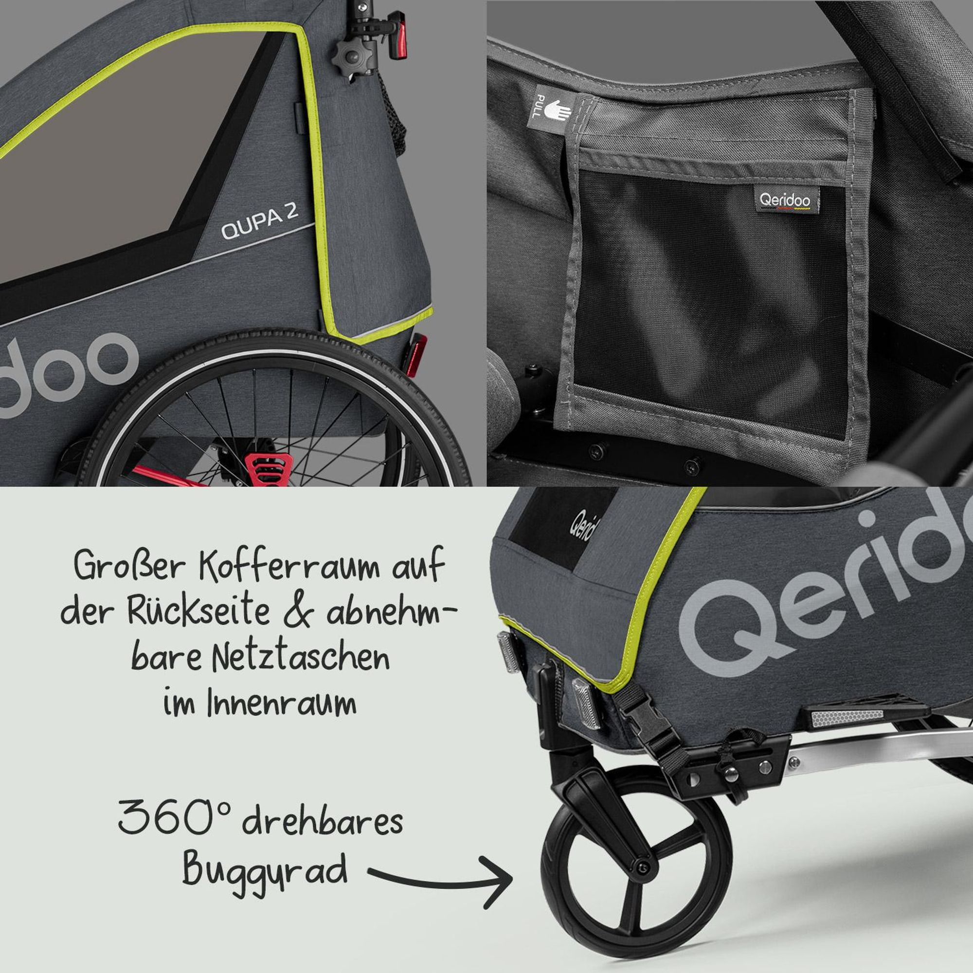 Qeridoo QUPA 2 - Kinderfahrradanhänger für 2 Kinder, Farbe: Lime