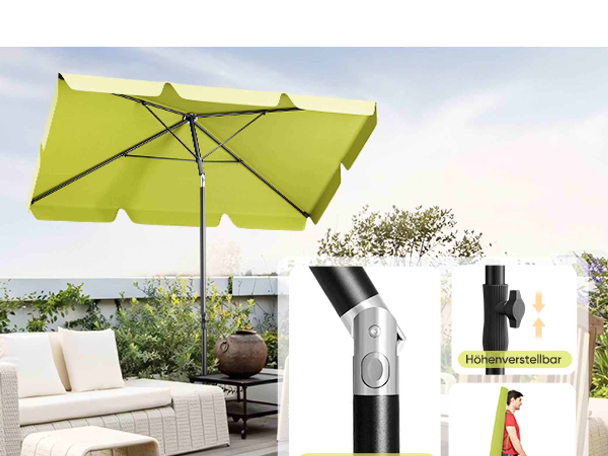Sekey Sonnenschirm Balkon Rechteckig 200×125 cm Balkonschirm mit Tragetasche Neigungswinkel & Höhe verstellbar Sonnenschutz UPF 50+, Apfelgrün