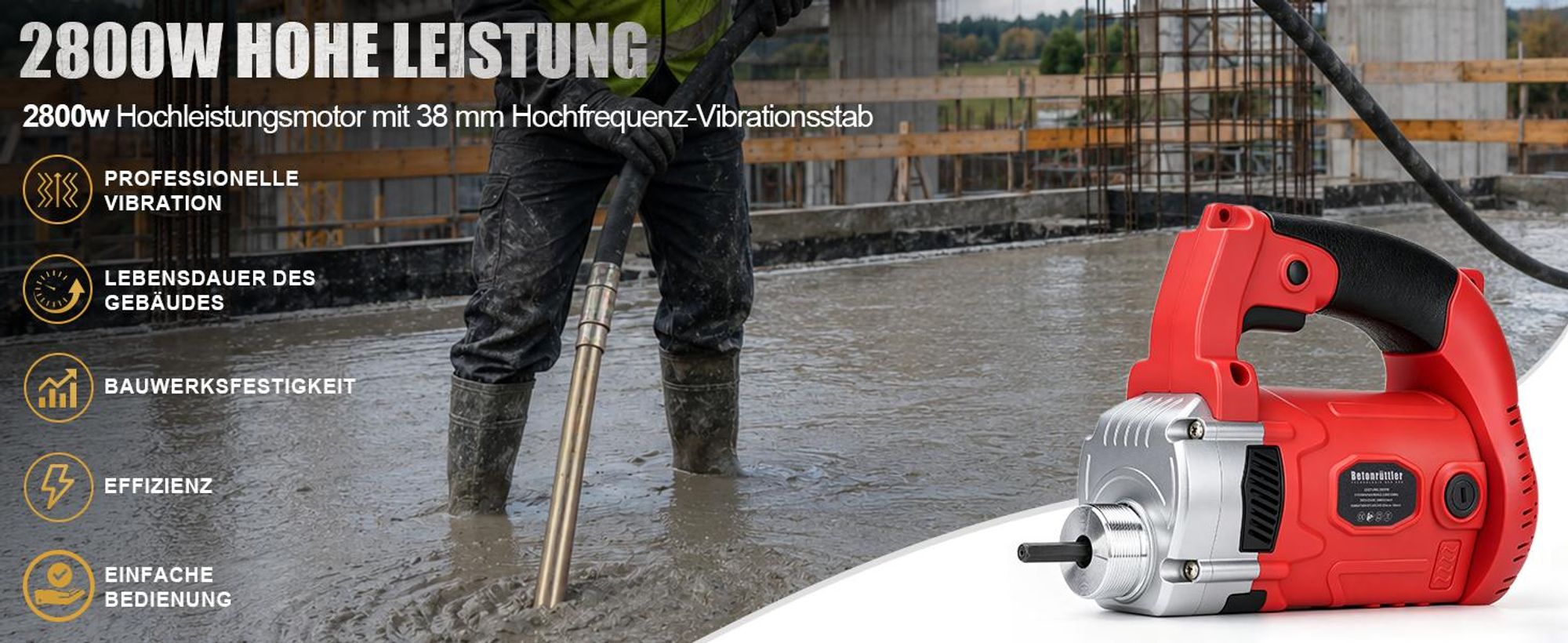 Betonrüttler | 2800W | 2M Schlauchlänge | 6800 U/min | Ø38mm | Beton Innenrüttler | Handrüttler | Rüttelflasche | Flaschenrüttler | Betonverdichter
