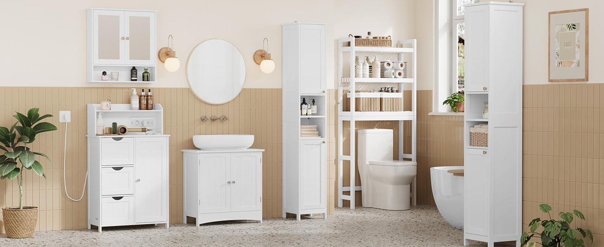 VASAGLE Badezimmerschrank, Badschrank, stehend, mit Tür, Steckdosenleiste, Schubladen, Schrank für Toilettenpapier, Toilettenschrank