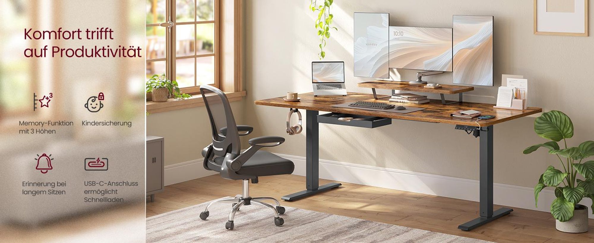 VASAGLE Höhenverstellbarer Schreibtisch, 160 cm, USB-C-Anschluss, Erinnerung bei langem Sitzen, flexibel montierbarer Monitorständer