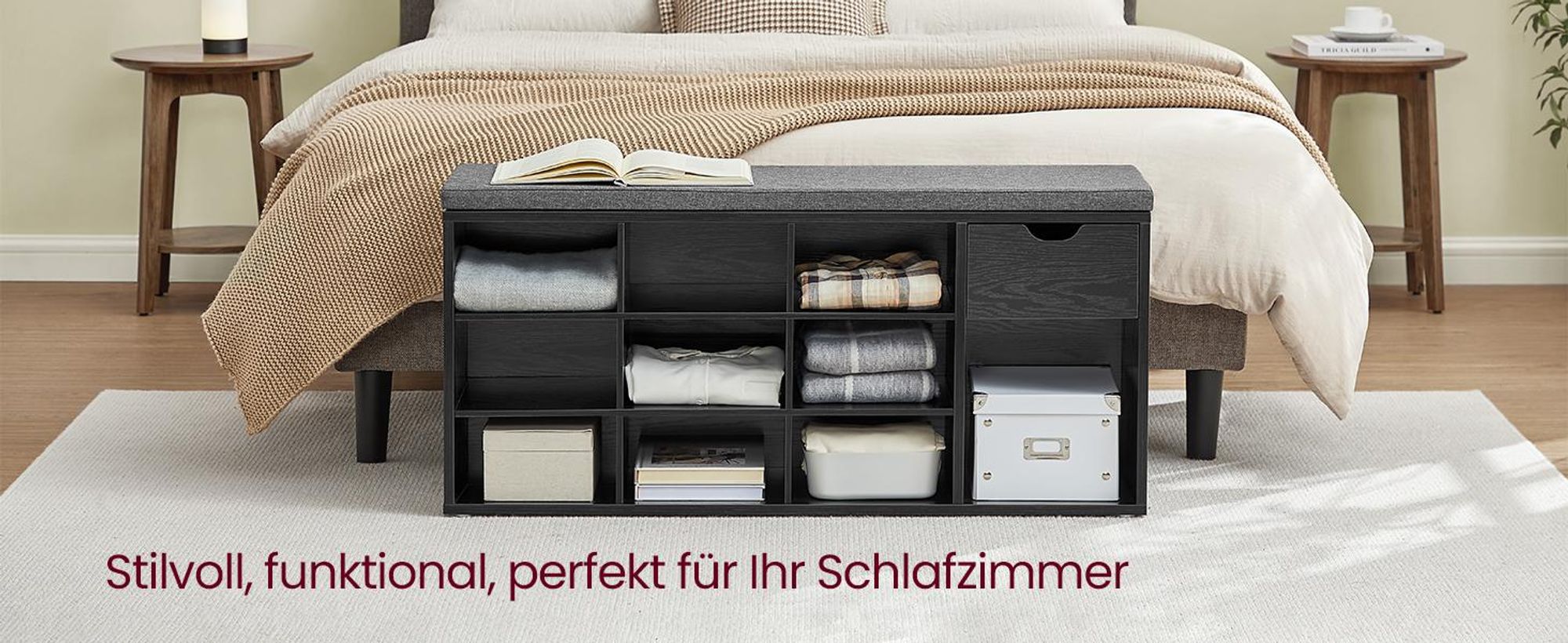 VASAGLE Schuhbank, 1 Schublade und 10 offene Fächern, Ebenholzschwarz-Schiefergrau