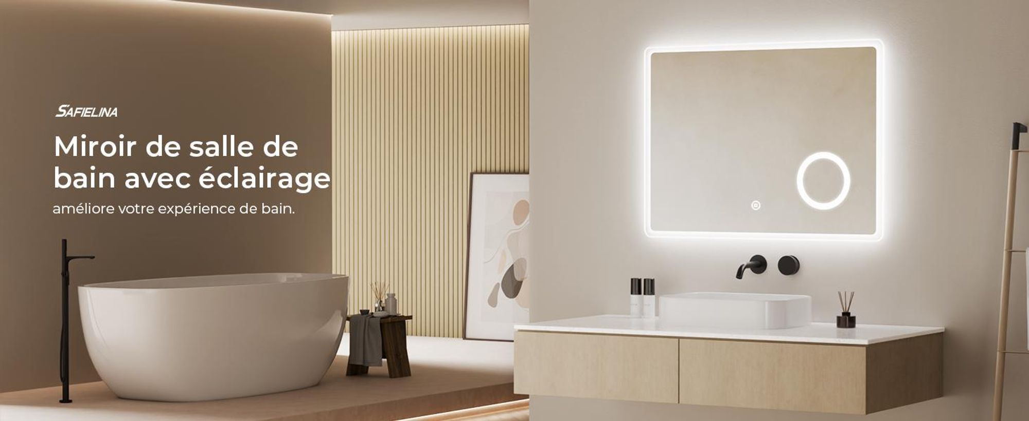 S'AFIELINA Miroir de salle de bain LED 80 x 60 cm Miroir mural avec interrupteur tactile+antibuée+3 couleurs de lumière 3000K/4000K/6500K Miroir lumineux avec grossissement 3x