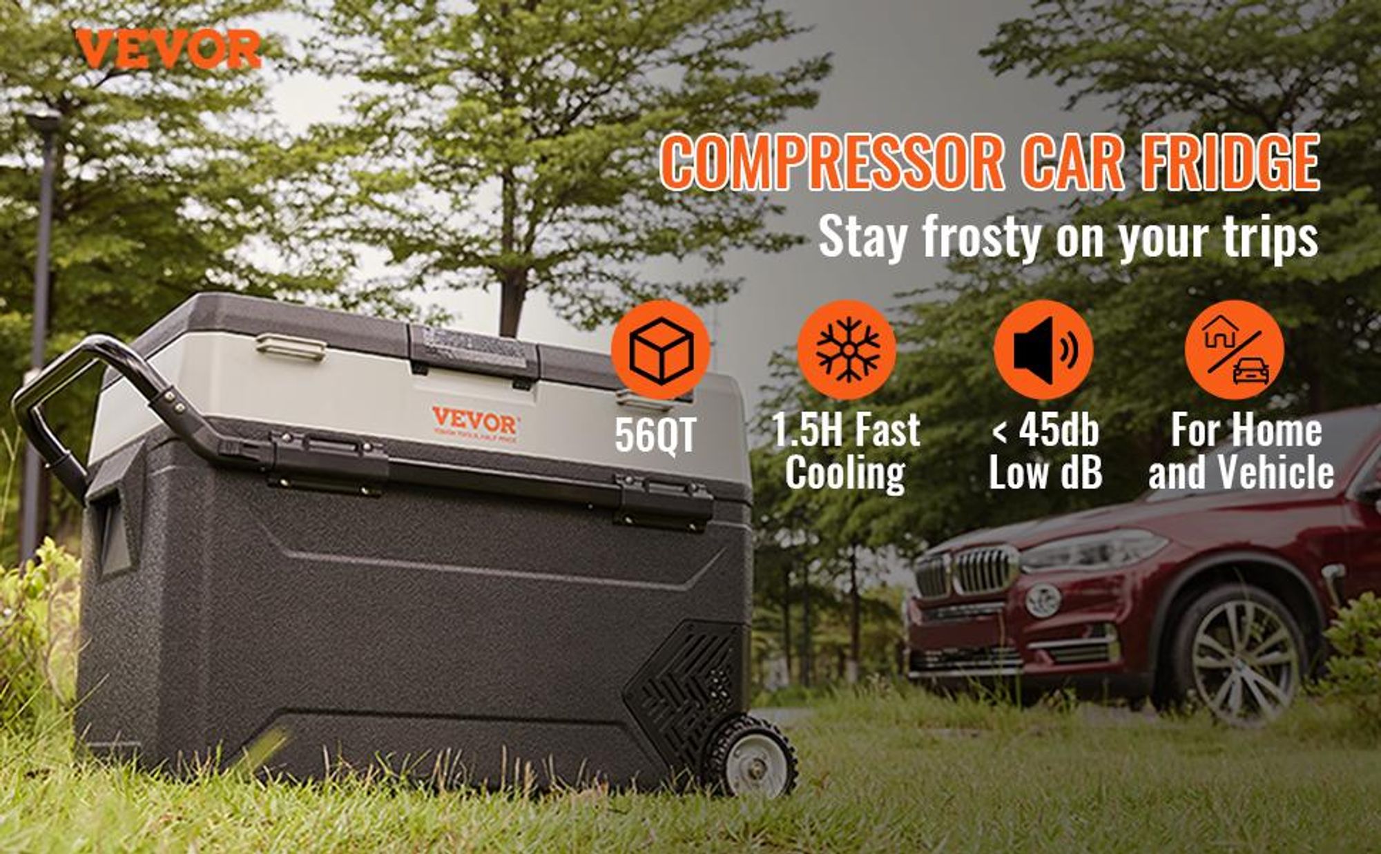 VEVOR Camping Kühlschrank 53 L Kühlbox, 12 / 24 V Rollbare Elektrische Gefrierbox 2 in 1 Doppelzone, Auto Kühlschrank Kompressor zum Warmhalten und Kühlen 60 W Tragbar Handgriff Boot, Lkw, Mobil Grau