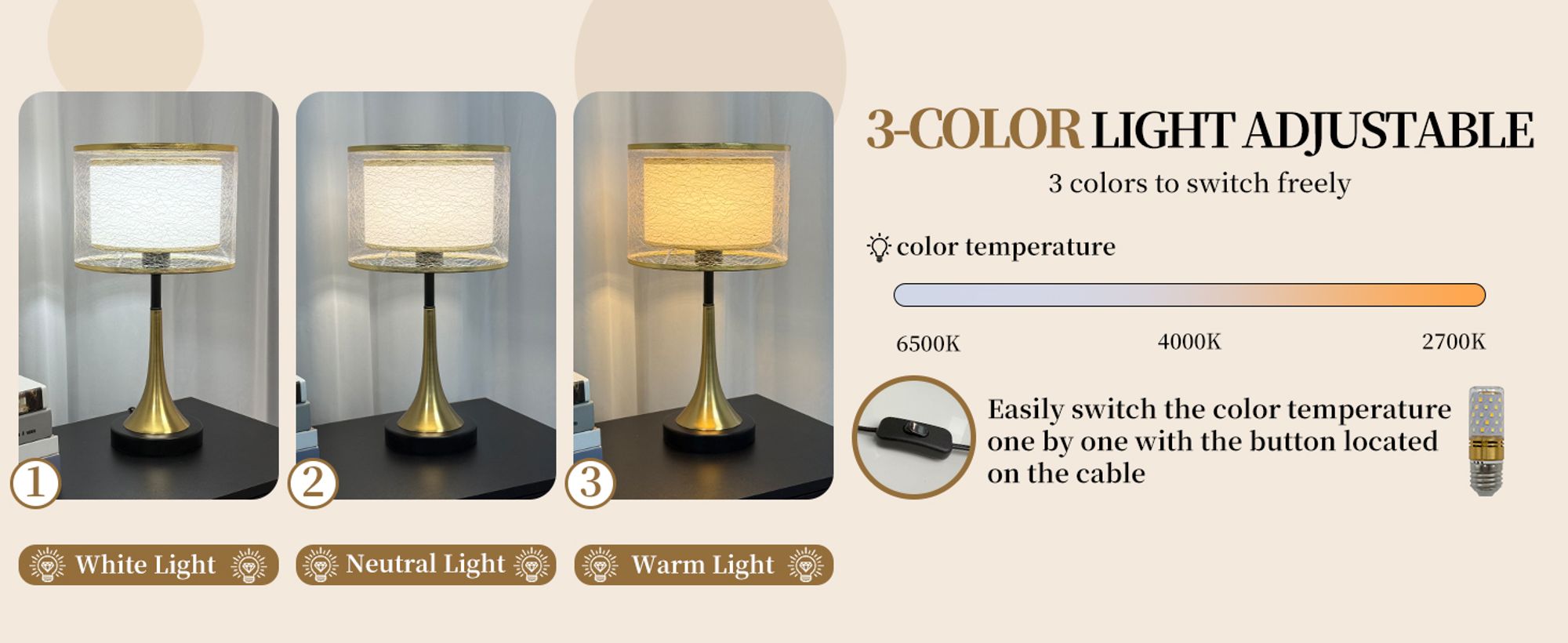 3-Farbtemperatur-Lichtschalter – Einfache Umstellung zwischen 6500K, 4000K und 2700K per Kabeltaster