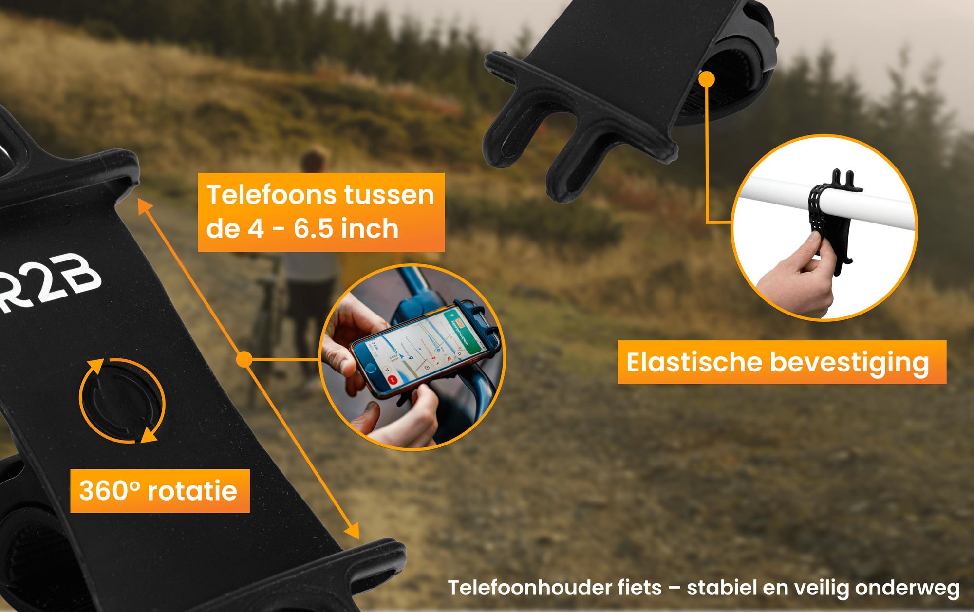R2B Elastische Telefoonhouder Fiets voor Scooter en Motor - 360°