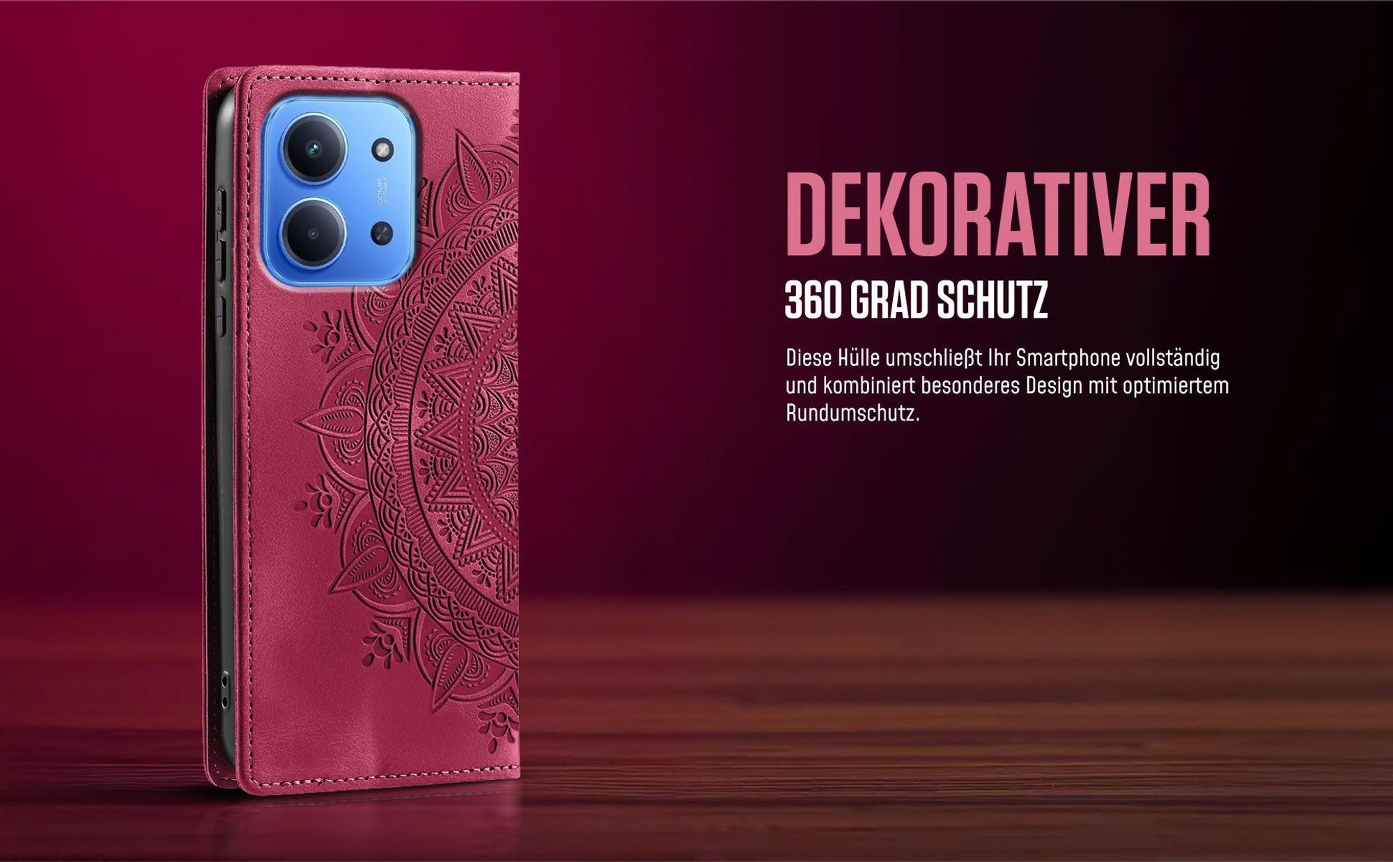 Mandala Flipcase in Magenta für Xiaomi Redmi 15C mit 360 Grad Schutz