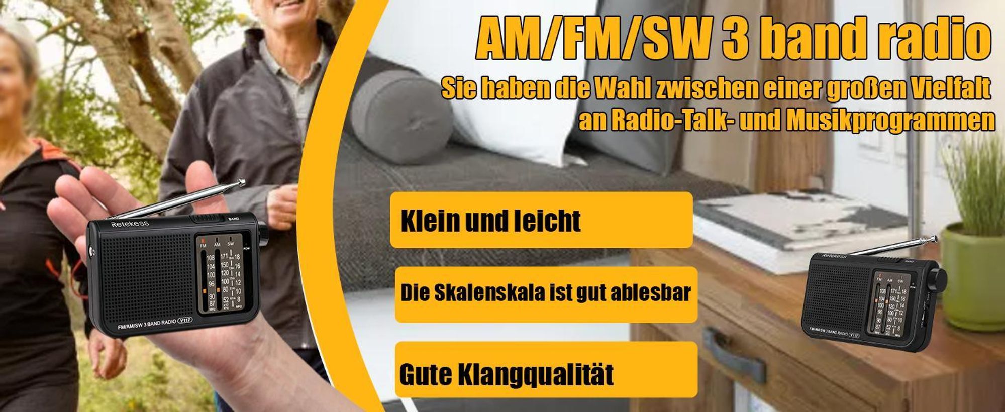 Retekess V117 Radio mit Batteriebetrieben, Klassisches Radio, FM AM SW Tragbares Radio, Großes Display-Zifferblatt, Geschenke für ältere Menschen