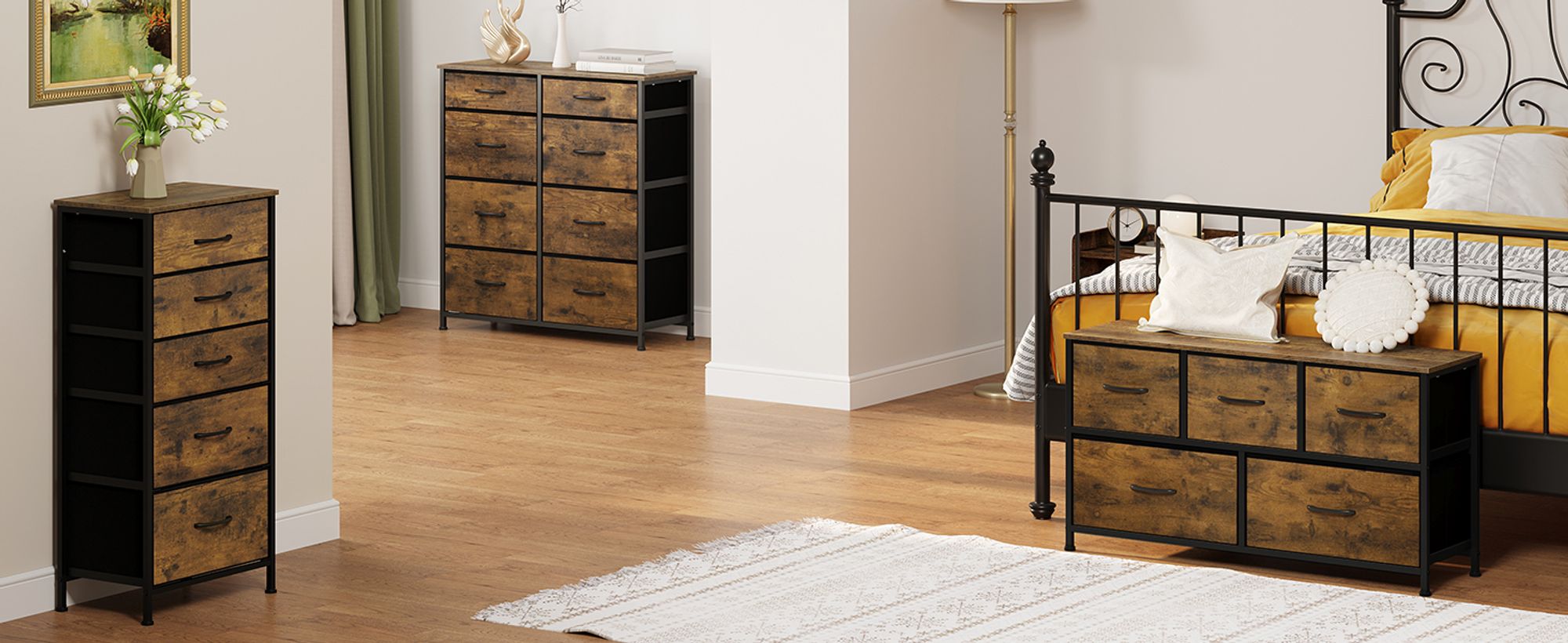 WOLTU Kommode mit 7 Schubladen aus Stoff, Sideboard, Metallrahmen, Industrial Stil