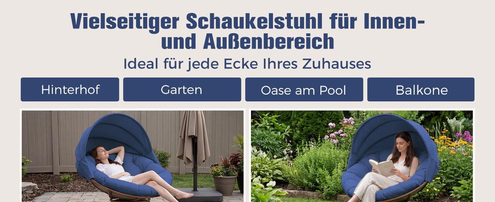 COMHOMA Papasansessel, gemütlicher Drehsessel mit Kissen rund, bequemer Rattansessel, Loungesessel drehbar, runder Relax Korbsessel Rattan, BLAU