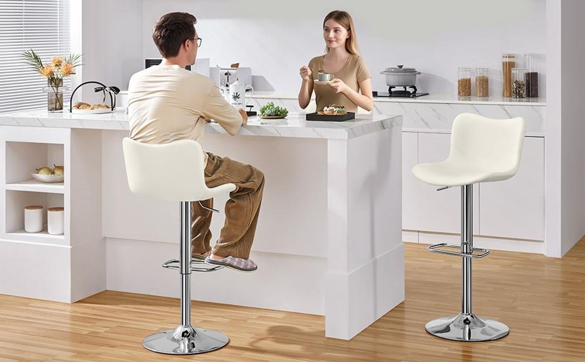 Yaheetech Barhocker Tresenhocker 2er Set, Drehhocker höhenverstellbar, mit Rückenlehne & Fußstütze, Weiß