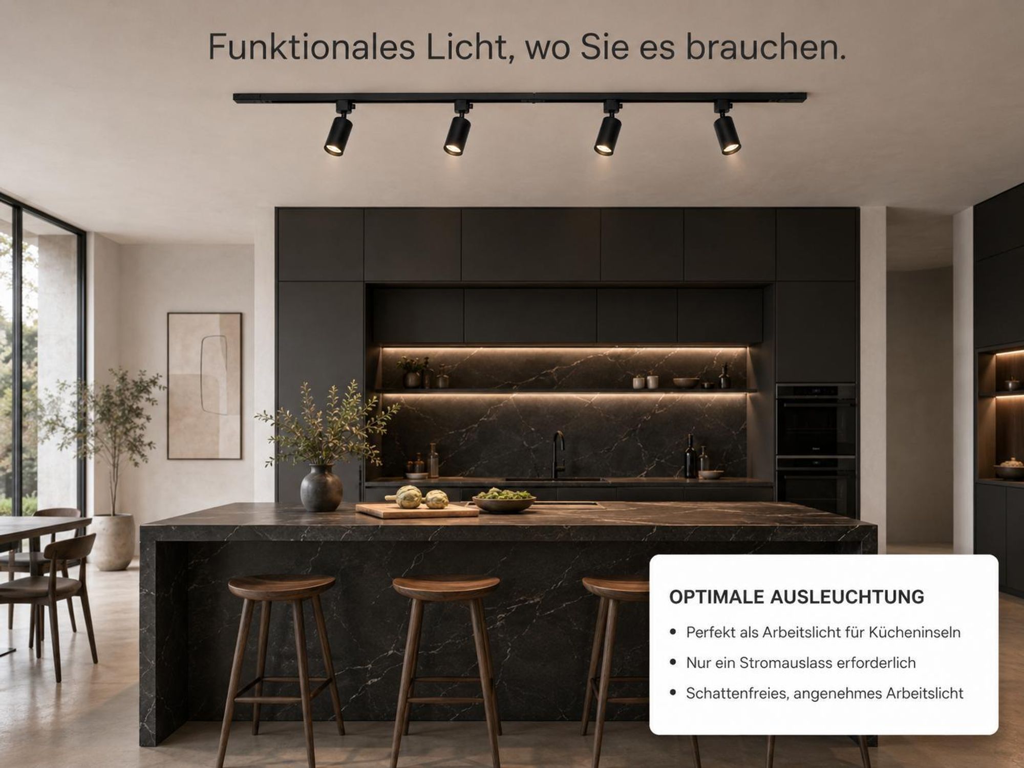 LED Deckenstrahler Schwarz 4 Flammig Spots Decke 1.5m Schienensystem Set Deckenlampe Deckenspot Schwenkbar inkl. 4x GU10 Leuchtmittel