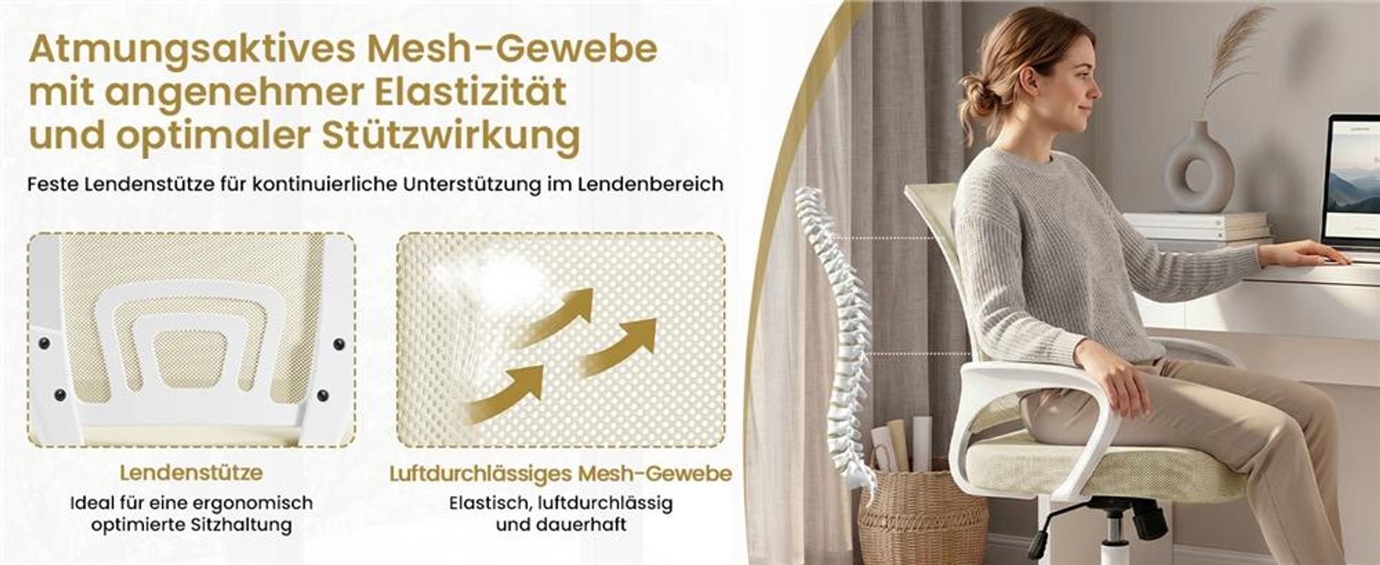 Yaheetech Bürostuhl Schreibtischstuhl ergonomischer Drehstuhl Chefsessel mit Mesh Netz Wippfunktion Beige