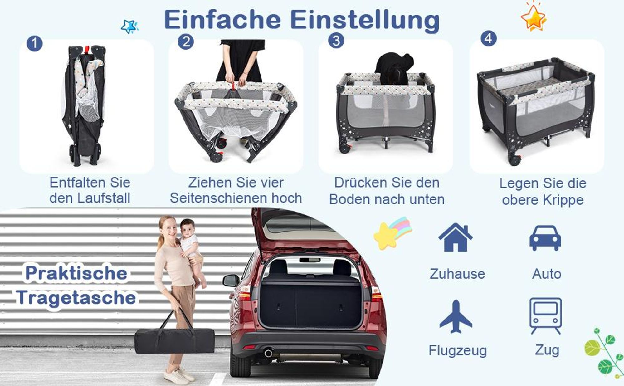 COSTWAY 2 in 1 Reisebett & Laufstall klappbar, 120 x 60cm Kinderbett, 2 Ebenen Babybett mit Matratze und Tragetasche (Grau)
