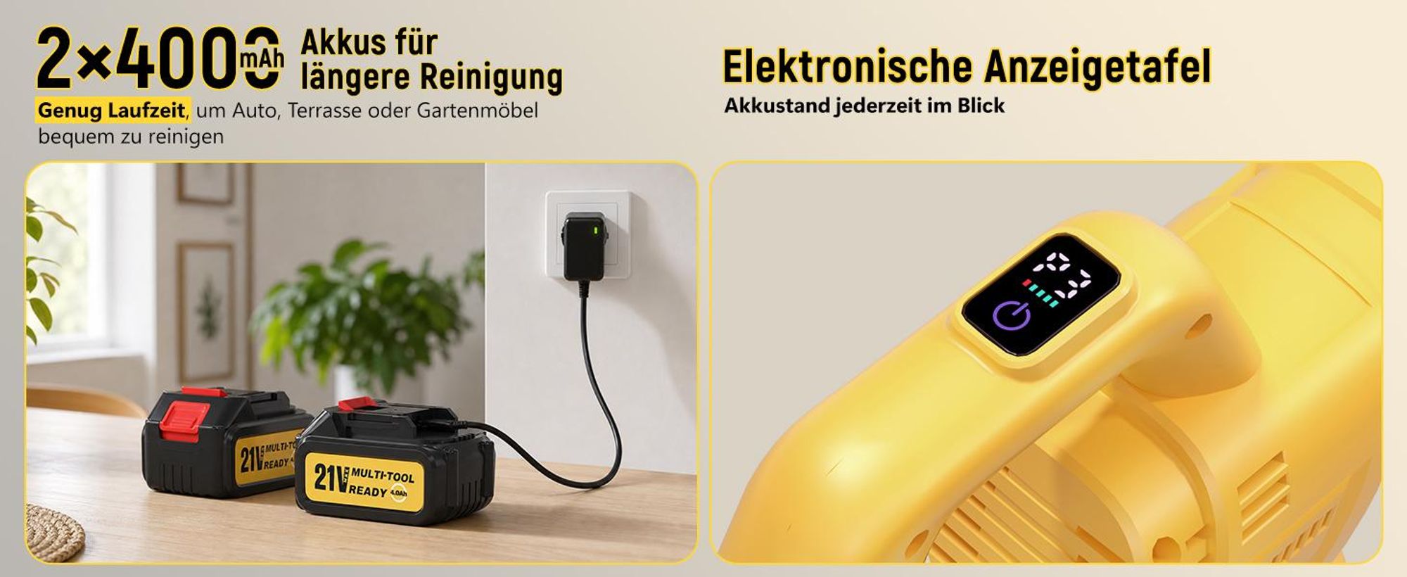 Akku Hochdruckreiniger Kabellos, 8000mAh (2×4000mAh), Starke Reinigung für Auto & Garten, 6-in-1 Düse + 180°/360° Rotationsdüse, 17-teiliges Kompletts