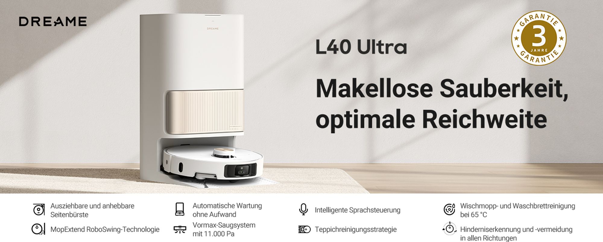 Dreame L40 Ultra Roboter Staubsauger mit Wischfunktion,11KPa Saugleistung,65°C selbstreinigendem,0 tangle Bürste,Obstacle Avoidance,All-in-One-Dock