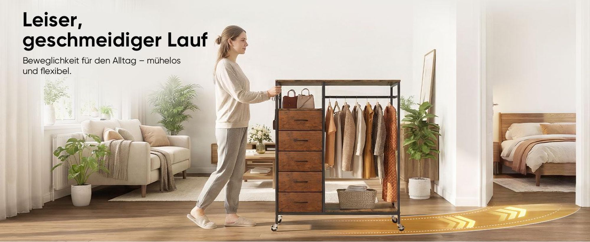 HOKEEPER Kleiderständer, offener Kleiderschrank, Kleiderständer auf Rollen, Kleiderstange, fahrbarer Kleiderständer mit Schubladen, Haken, Braun