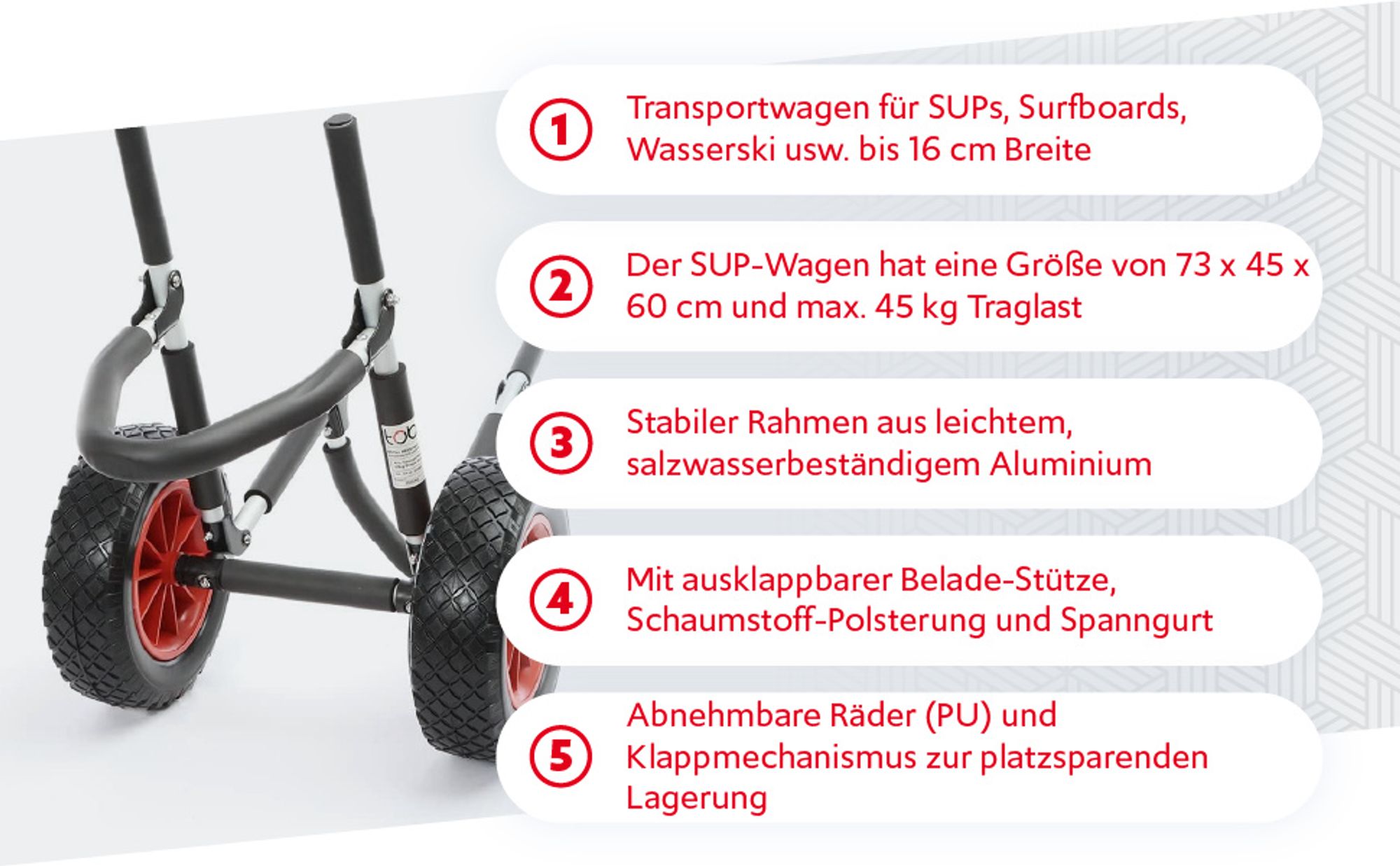 Toboli klappbarer Einzel Transportwagen bis 45 kg für SUP Board, Kanus und Kajaks, Surfwagen mit Polstern und PolyurethanRäder, geräumiger SUP-Wagen 73 x 45 x 60 cm, SUP-Trolley aus Aluminium