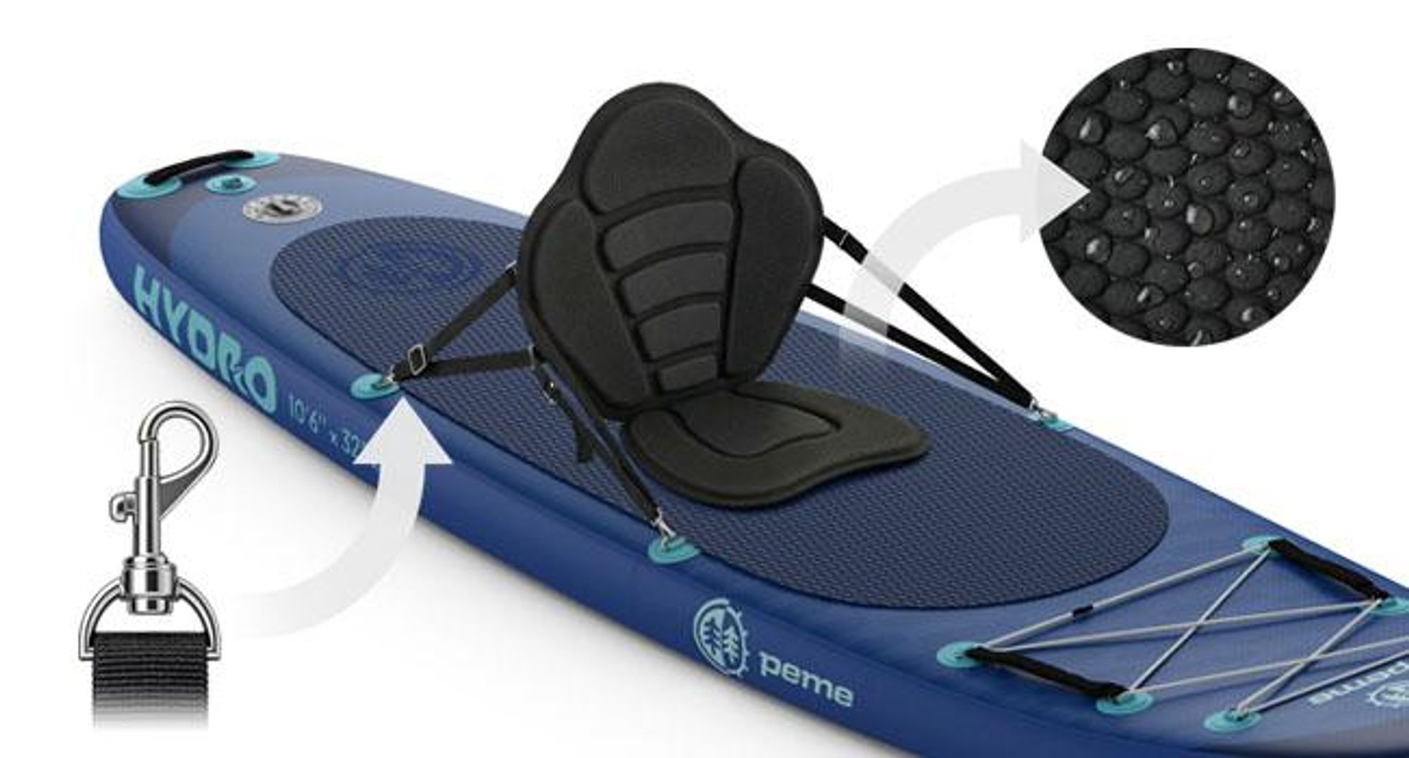 PEME Hydro Kajaksitz für SUP Board Stand Up Paddle Sitz Universal Rückenlehne Aufsatz Gepolstert mit Tasche Wasserdicht Schwarz Karabiner Zubehör
