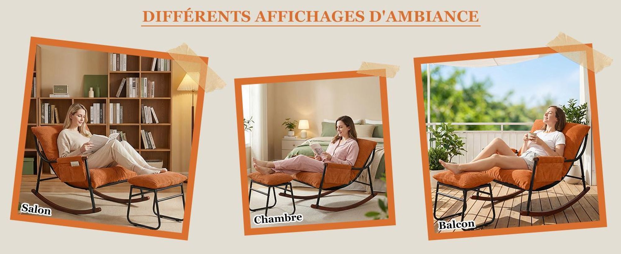 Fauteuil à bascule d’allaitement avec repose-pieds, poche latérale, accoudoirs et bases en bois, rocking chair pour salon, chambre, balcon, chambre bé