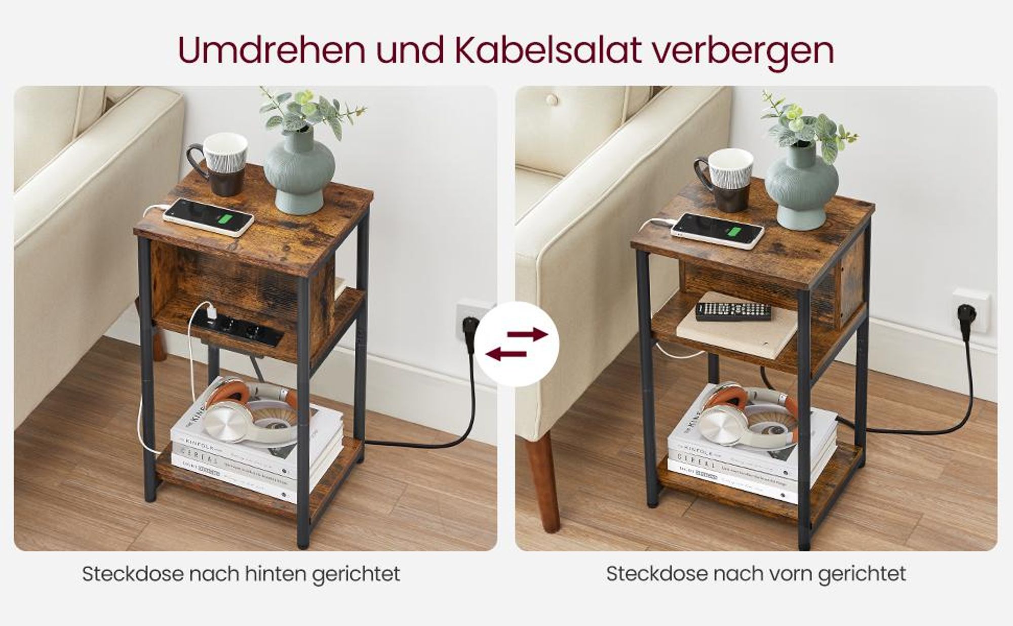 VASAGLE Beistelltisch, mit Steckdose, 2 AC-Anschlüsse, 2 USB-Anschlüssen