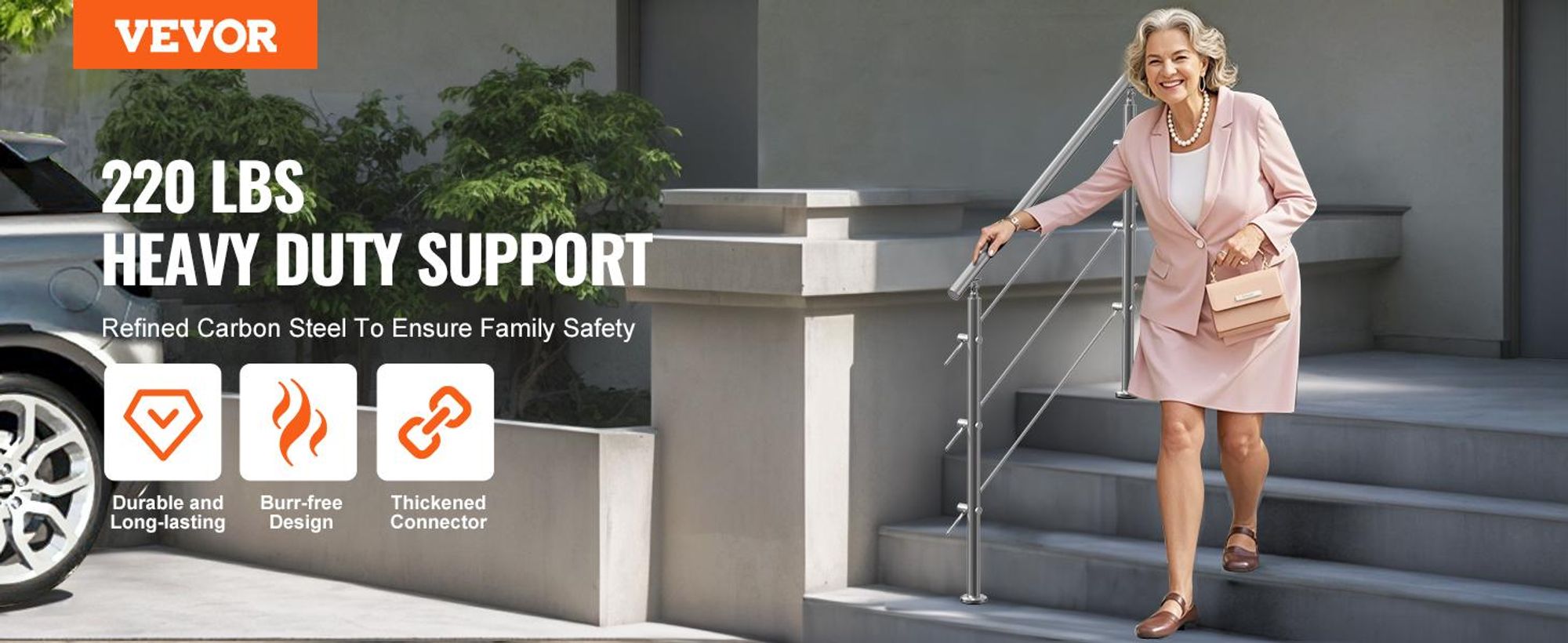 VEVOR 119,9 cm Handläufe für Außentreppen 2 Querstangen Treppe für Veranda Deck, Bodenstehend-h, 3 Horizontale Stangen-a