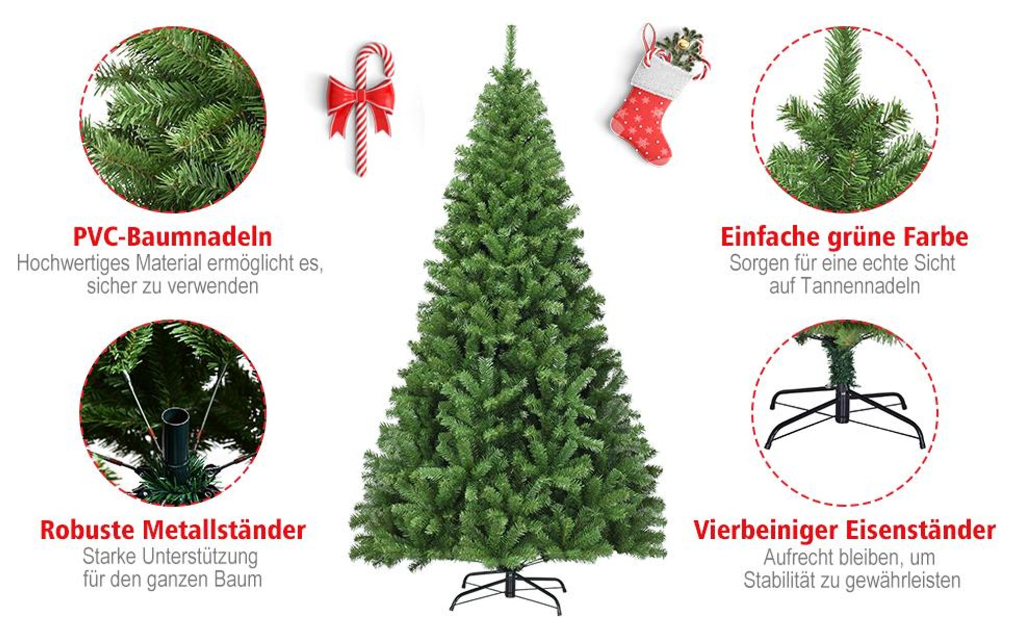 COSTWAY 225cm Künstlicher Weihnachtsbaum, Tannenbaum mit Klappsystem, Christbaum 1346 Spitzen PVC Nadeln, Kunstbaum Weihnachten Metallständer, grün