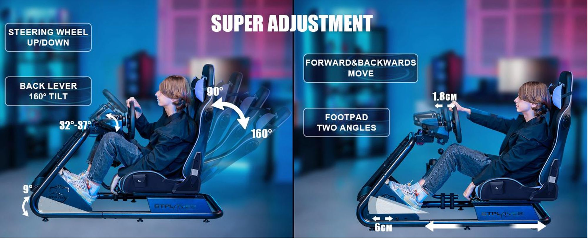 GTPLAYER Simulator Cockpit, SIM-racen cockpit, stuurstandaard voor race-simulators, gamingstoel, stuurstandaard met Bluetooth-luidspreker en pedaalhouder